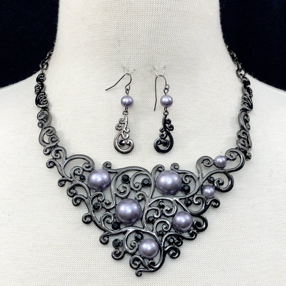 Grey Pearl Statement Bib Necklace Earrings Set